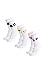 Tennis Crew Socks 3-pack - WHITE RETRO (STRIPES IN RED/BLUE, BLACK, GREEN/YELLOW)