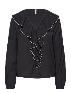 ONLY ONLLISE V-NECK CONTRAST FRILL SHIRT WVN - Kolleksjoner - BLACK / black