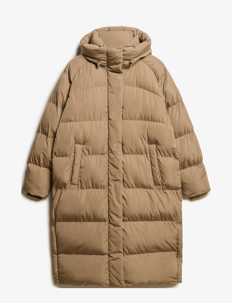 Superdry LONGLINE HOODED PUFFER JACKET - Kåper - FOSSIL BROWN / beige